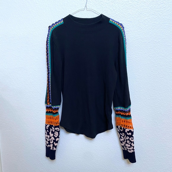 Sweaters - Free People Black Crochet Sleeve Long Sleeve Sweater